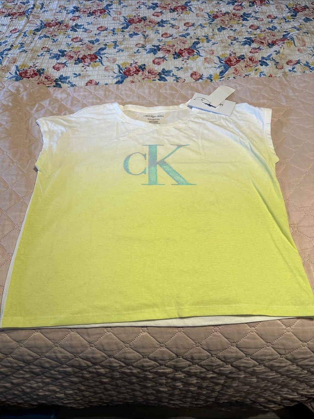 Calvin Klein Girls' White to Neon Yellow Ombre Tee with Blue CK Logo